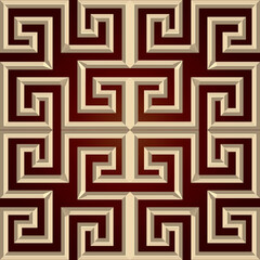 Trendy 3d seamless pattern. Vector textured geometric background. Surface repeat ancient backdrop. Modern 3d golden greek ornaments. Decorative ornate design with greek key, meanders, shadows, mazes