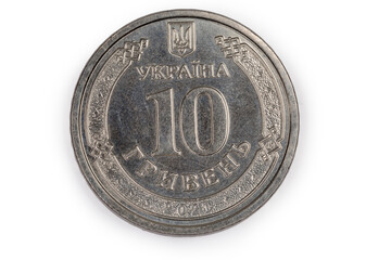 Contemporary coin denomination ten Ukrainian hryvnia, top view of obverse