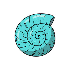 Flat seashell, hand-drawn sea symbol. Fossil conch painted by ink, pen. Line, colored doodle, minimalism. Simple sketchy icon. Isolated. Vector illustration.