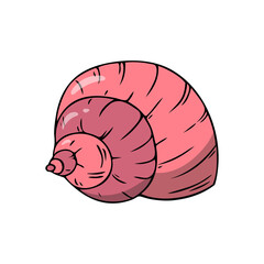 Flat seashell, hand-drawn sea symbol. Fossil conch painted by ink, pen. Line, colored doodle, minimalism. Simple sketchy icon. Isolated. Vector illustration.
