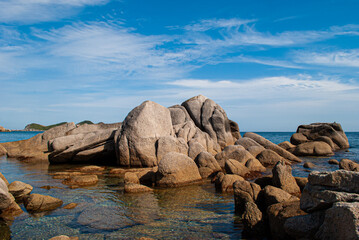 Rest at the sea. Large sea stones. Backwater.