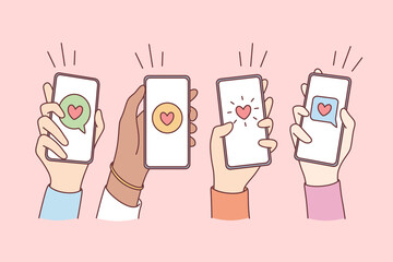 Online dating, love and mobile concept. Hands of people holding smartphones with hearts and communication chats on screens vector illustration - obrazy, fototapety, plakaty