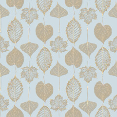 Transparent golden skeleton leaves autumn seamless pattern