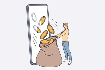 Making money online in internet concept. Smiling man standing and catching golden coins falling from smartphone screen vector illustration