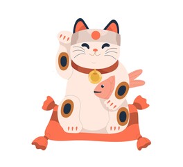 Maneki-neko toy with Japanese carp in paw. Asian beckoning lucky cat with koi fish. Cute doll for luck and fortune. Retro figurine from Japan. Flat vector illustration isolated on white background