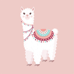 Obraz na płótnie Canvas Festive llama or alpaca on a pink background. Vector illustration for baby texture, textile, fabric, poster, greeting card, decor. Character design.