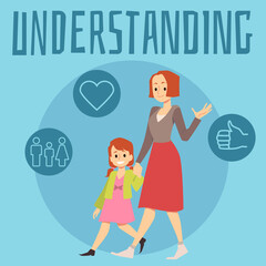 Understanding good mother talking to her daughter, flat vector illustration.