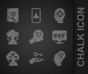 Set Psychology, Psi, Solution to the problem, Broken heart or divorce, Depression, Finding and book, icon. Vector