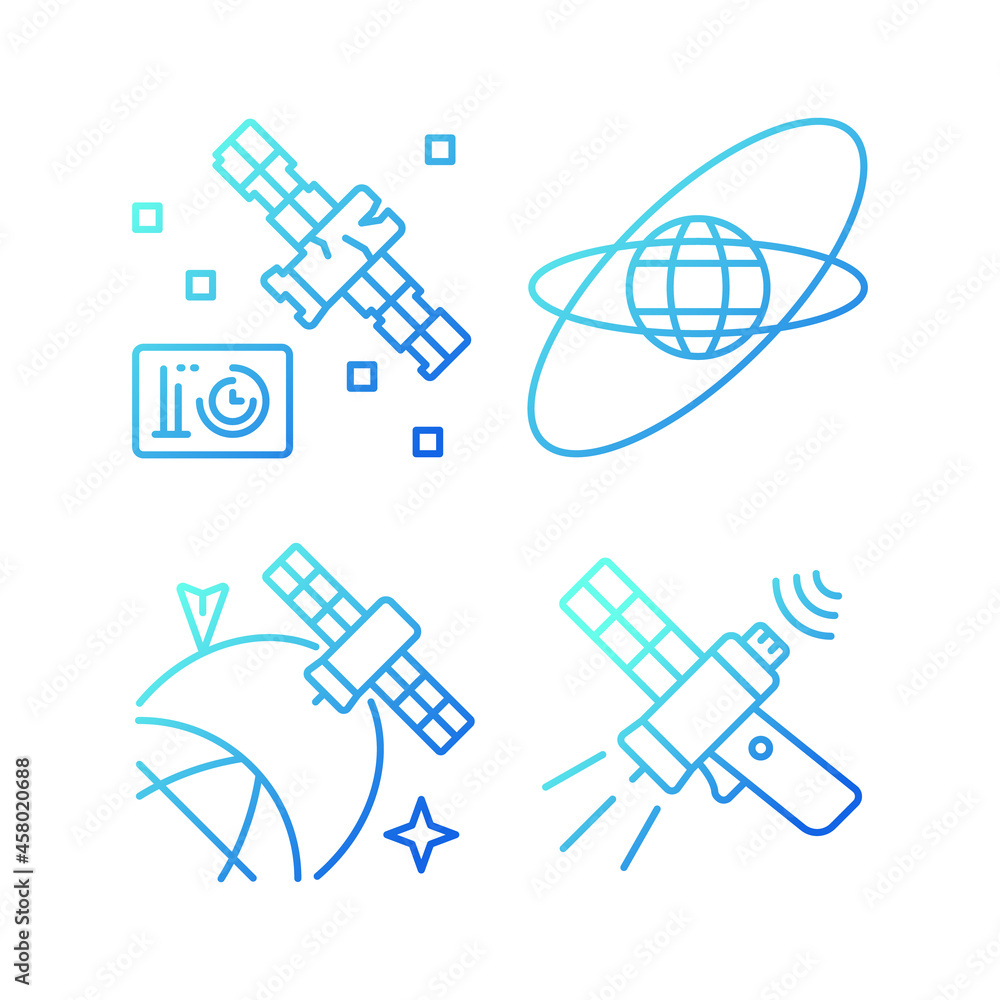 Poster satellites in space gradient linear vector icons set. science spacecraft location, positioning in sp