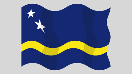 Detailed flat vector illustration of a flying flag of Curaçao on a light background. Correct aspect ratio.