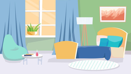 Bedroom interior concept in flat cartoon design. Bed with pillows, armchair bag, coffee table, window with curtains, plants and decor. Apartment inside. Vector illustration horizontal background
