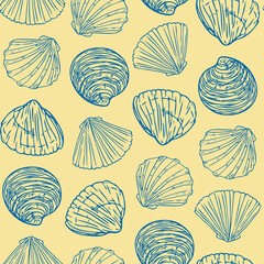 Pattern with seashells, doodle hand-drawn sea symbols.Seamless wallpaper. Fossils painted by ink, pen. Line, minimalism. Simple sketchy backdrop. Vector illustration.