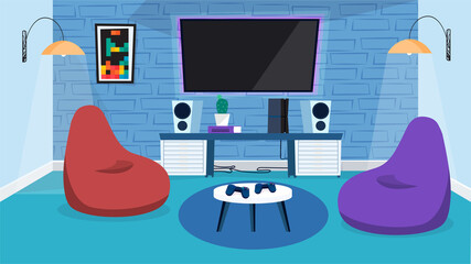 Video game room interior concept in flat cartoon design. Huge monitor on wall, music speakers, armchairs bags, table with joysticks, decor and lighting. Vector illustration horizontal background