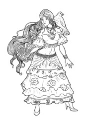 Beautiful gypsy woman in traditional costume with cards in her hands and raven on her shoulder. Fairytale character design. Black and white vector illustration