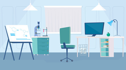 Science laboratory interior concept in flat cartoon design. Scientist workplace, desk with computer, chair, microscope and test tubes, presentation board. Vector illustration horizontal background