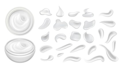 Cosmetics smear. Cream plastic can, smears white lotion or gel. Milk yogurt drops, isolated body care cosmetic realistic vector elements