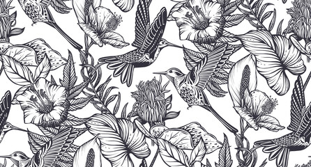 Beautiful seamless pattern with tropical flowers, hummingbird, jungle palm, monstera, exotic leaves. - 458021281