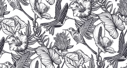 Gardinen Schönes nahtloses Muster mit tropischen Blumen, Kolibri, Dschungelpalme, Monstera, exotischen Blättern. © natality