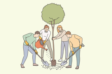Agriculture, growing tree and planting concept. Group of young smiling people farmers standing planting greet tree taking care of plant vector illustration