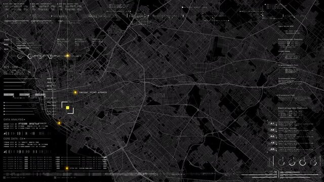 Futuristic HUD satellite view of traffic surveillance on a busy expressway junctions tracking and monitoring highway traffic for possible target vehicle