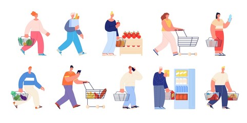 Fototapeta na wymiar Grocery store characters. Buy in shop, supermarket shopping customers. Isolated flat people with cart and bag, buying food utter vector set