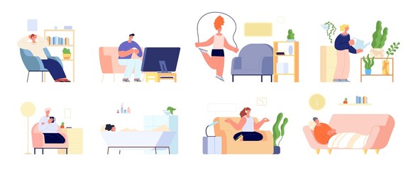Spend time at home. Women relaxed, young adults indoor. Person reading gaming at weekend, dreaming at sofa or training utter vector set