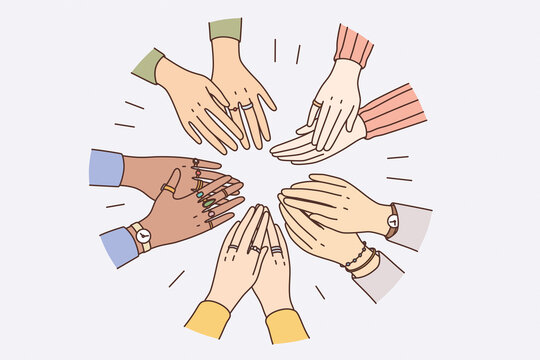 Equality in human rights, union concept. Hands of mixed race various people forming circle together feeling confident and strong with each other vector illustration 