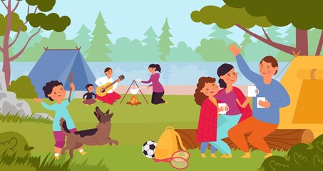People in camping. Travel family, person travelling on nature. Summer camp, parents group forest adventures. Trip with kids decent vector scene