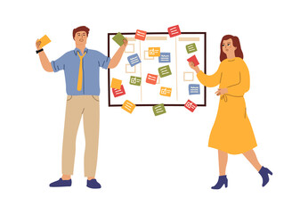 Office task board. Teamwork, overworking managers with lists. Time management, business development or fail targets vector concept