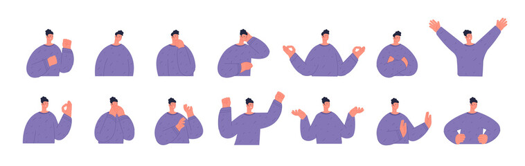 Different emotions man. Facial emotions, surprise, skeptical and positive person. Guy worried and scared, expression feelings utter vector character