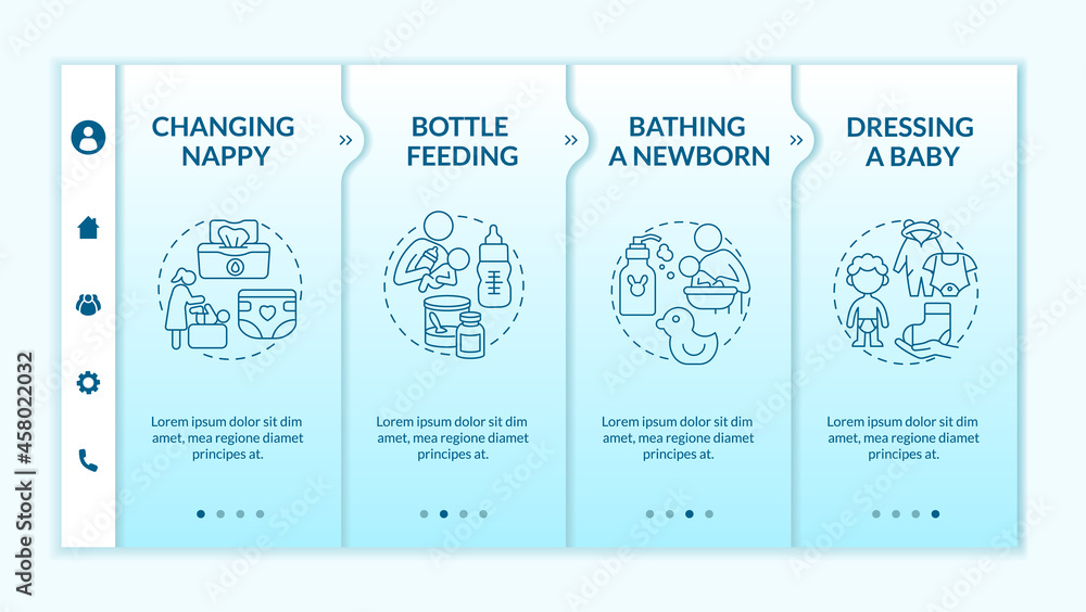 Poster infant care blue gradient onboarding vector template. responsive mobile website with icons. web page