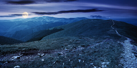 Fototapeta premium mountain landscape at night in spring. path through meadow in grass on the hill in full moon light. wonderful weather with fluffy clouds on the sky. borzhava ridge of carpathians