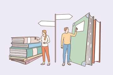 Education, knowledge and choosing profession concept. Young girl and boy standing bear books heaps choosing way of development profession speciality vector illustration 