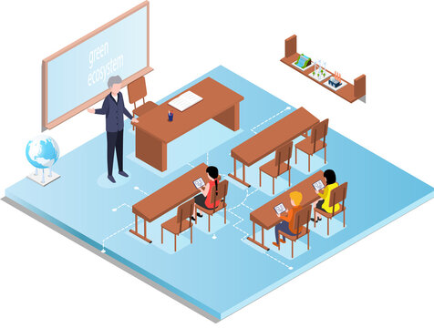 Leading lesson about green ecosystem. Developing class with creative discussion. School education, e-learning process. Classroom activity with teacher, learning with technology, lessons in class