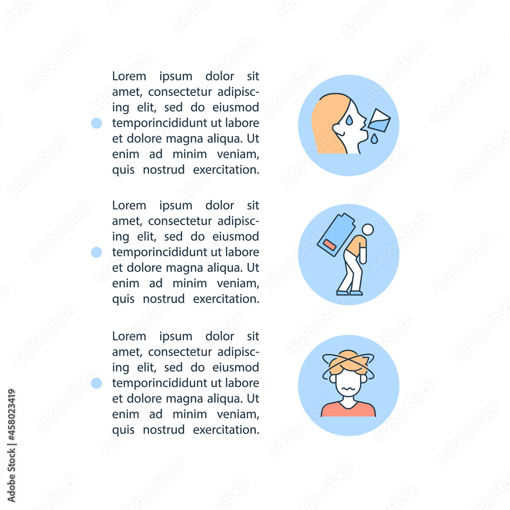 Poster dehydration symptom concept line icons with text. ppt page vector template with copy space. brochure