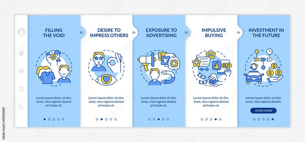 Poster reasons for consumerism blue onboarding vector template. responsive mobile website with icons. web p