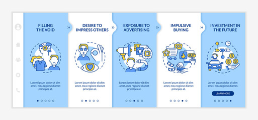 Reasons for consumerism blue onboarding vector template. Responsive mobile website with icons. Web page walkthrough 5 step screens. Mindless buying color concept with linear illustrations - obrazy, fototapety, plakaty