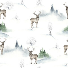 Winter Christmas pattern with snow, christmas tree, trees and deers, watercolor illustration landscape, wildlife seamless background.