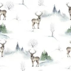 Fototapete Waldtiere Winter-Weihnachtsmuster mit Schnee, Weihnachtsbaum, Bäumen und Rotwild, Aquarellillustrationslandschaft, nahtloser Hintergrund der wild lebenden Tiere.