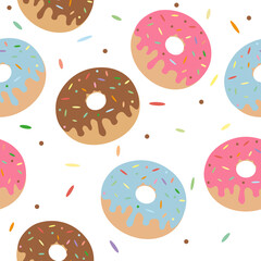 Hand drawn cute colorful glaze donuts and sprinkles seamless pattern. Vector illustartion for textile, fabric.