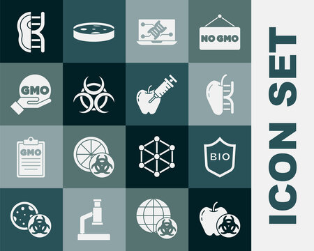 Set Genetically modified apple, Shield for bio healthy food, engineering modification, Biohazard symbol, GMO, meat and icon. Vector