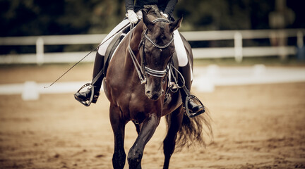 Equestrian sport. Dressage of horses in the arena.