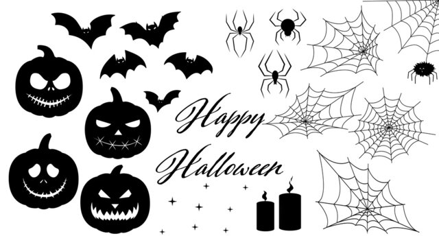 set for halloween ,silhouette of a spider, cobweb, halloween pumpkin, set of stickers for halloween, bats
