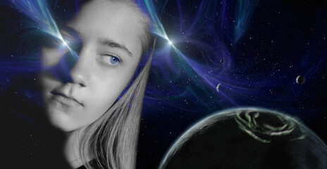 Face of young woman against the background of galactic sky with shining stars. Concept of paranormal abilities, clairvoyance. Elements of this image furnished by NASA - obrazy, fototapety, plakaty