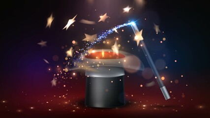 Magician's hat with sparks and golden stars flying out of it and a magic wand © lidiia