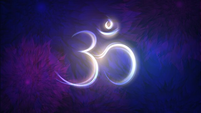 Glowing Indian sign Om on a purple background with flowers