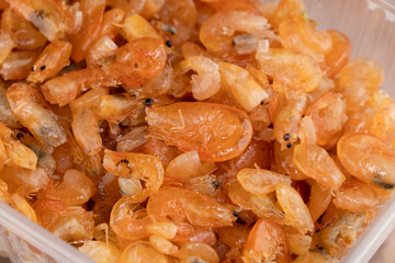 Delicious sweet shrimp traditional processed food Asian style, Small prawn boiled with sugar tasty for preserving food.