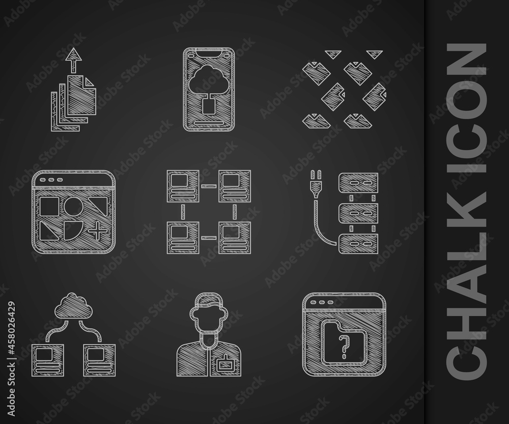 Poster set hierarchy organogram chart, analyst engineer, file missing, server, cloud technology data transf