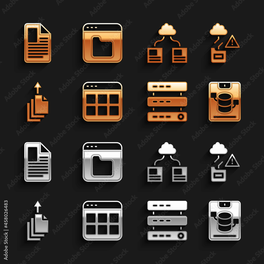 Poster set browser files, cloud technology data transfer, server, data, web hosting, export, file document 