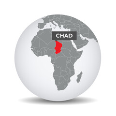 Fototapeta na wymiar World globe map with the identication of Chad. Map of Chad. Chad on grey political 3D globe. Africa map. Vector stock.